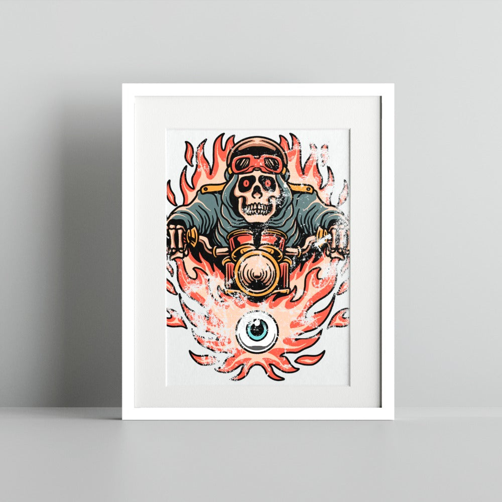 Fiery Skull Motorcycle Art Print with Burning Flames