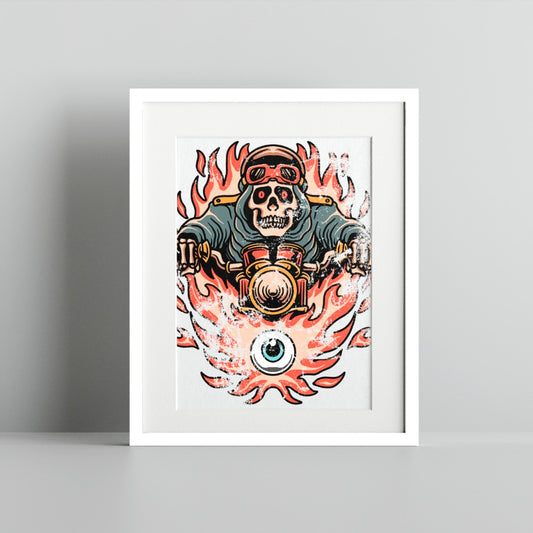 Fiery Skull Motorcycle Art Print with Burning Flames