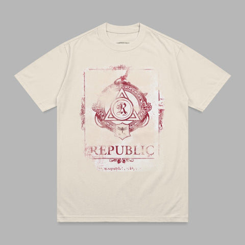 Cream t-shirt with distressed red "REPUBLIC" graphic and circular emblem.