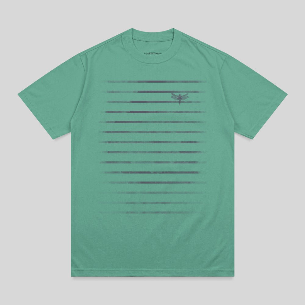 Green t-shirt with horizontal gradient lines and a dragonfly graphic.
