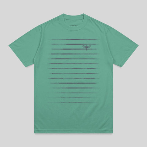 Green t-shirt with horizontal gradient lines and a dragonfly graphic.