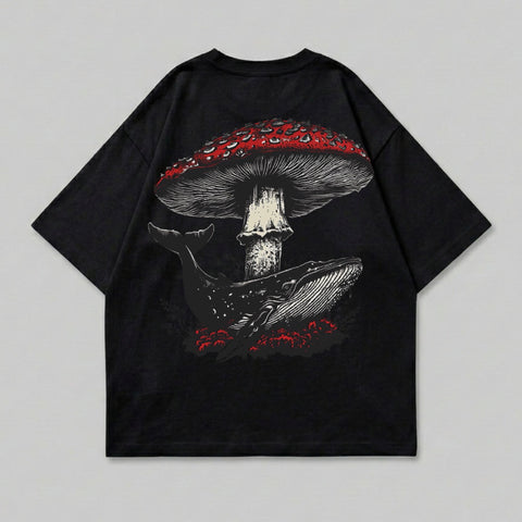 Black t-shirt with a large red mushroom and a whale illustration.