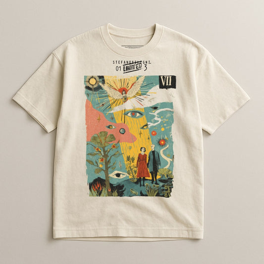 Cream t-shirt with surreal abstract art featuring eyes, a bird, and a couple.