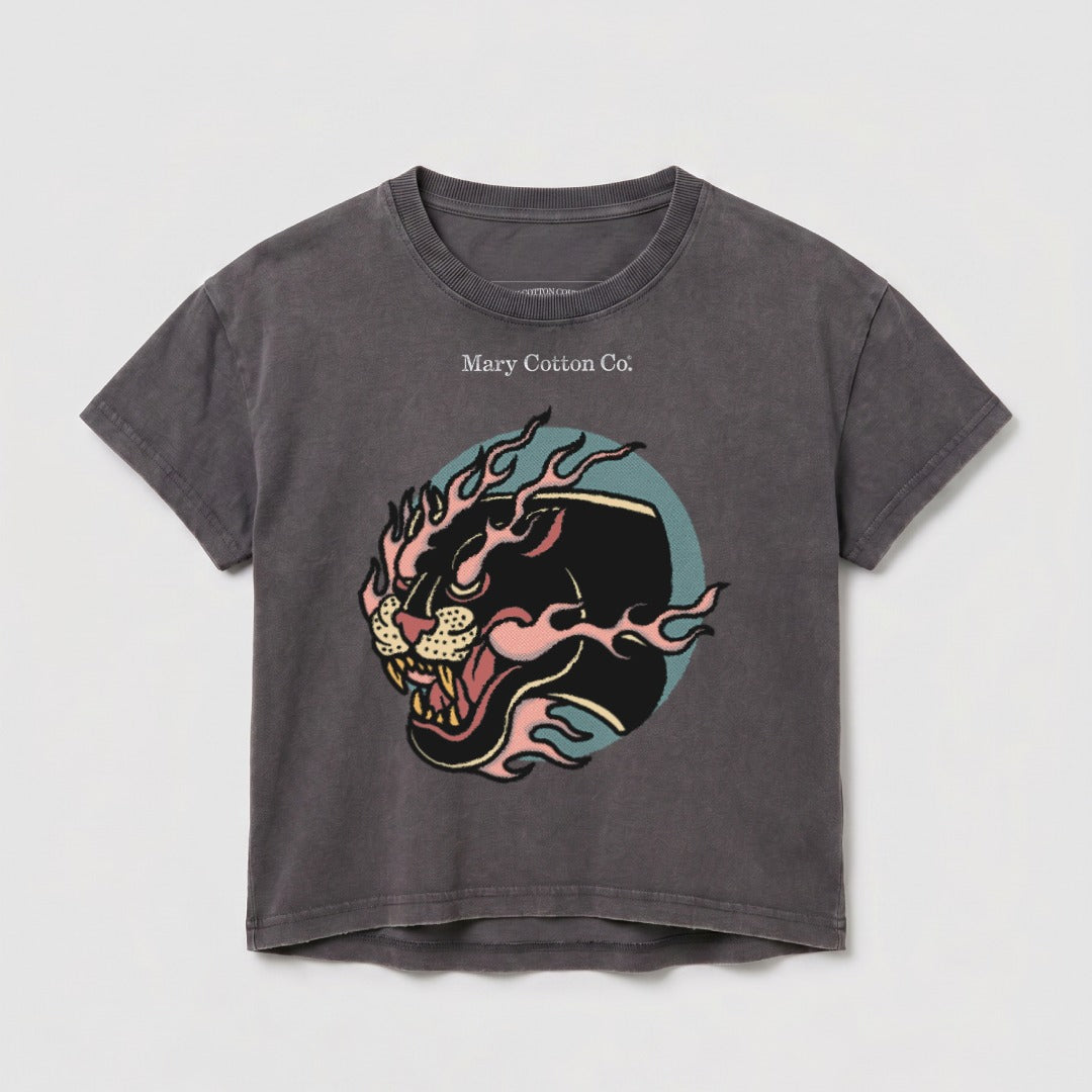 Dark gray t-shirt with black panther and flames graphic, "Mary Cotton Co." text.