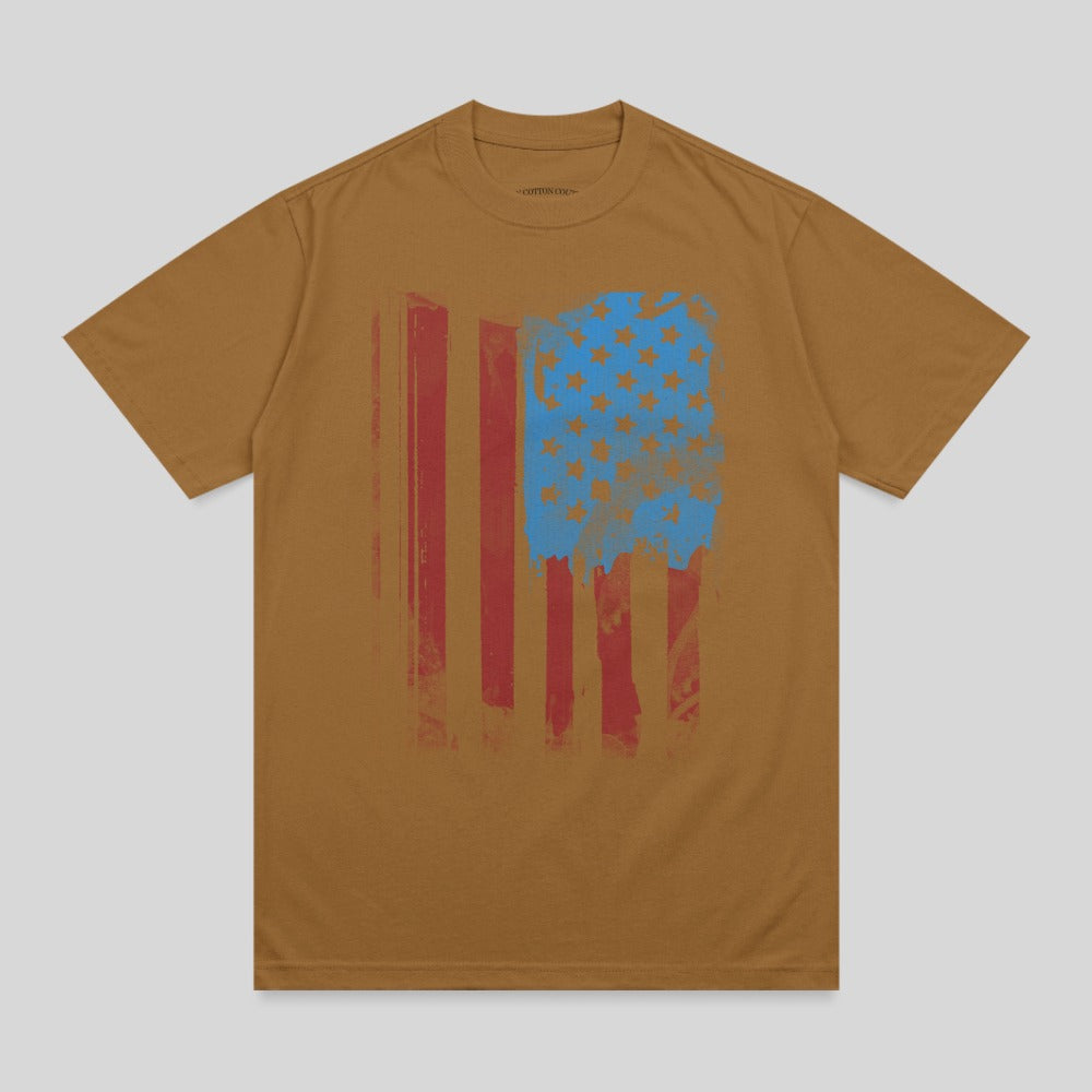 Brown t-shirt with a distressed American flag graphic.
