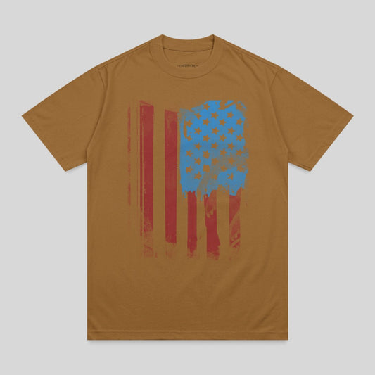 Brown t-shirt with a distressed American flag graphic.