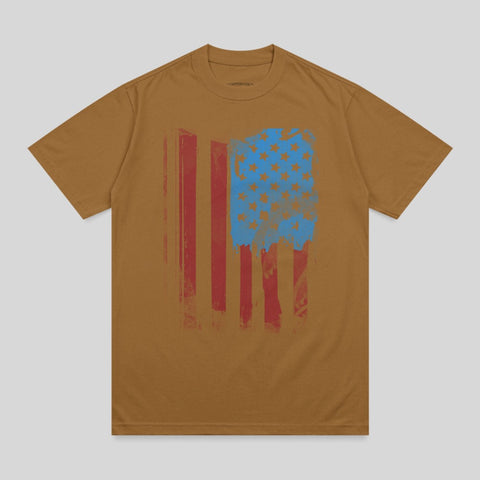 Brown t-shirt with a distressed American flag graphic.