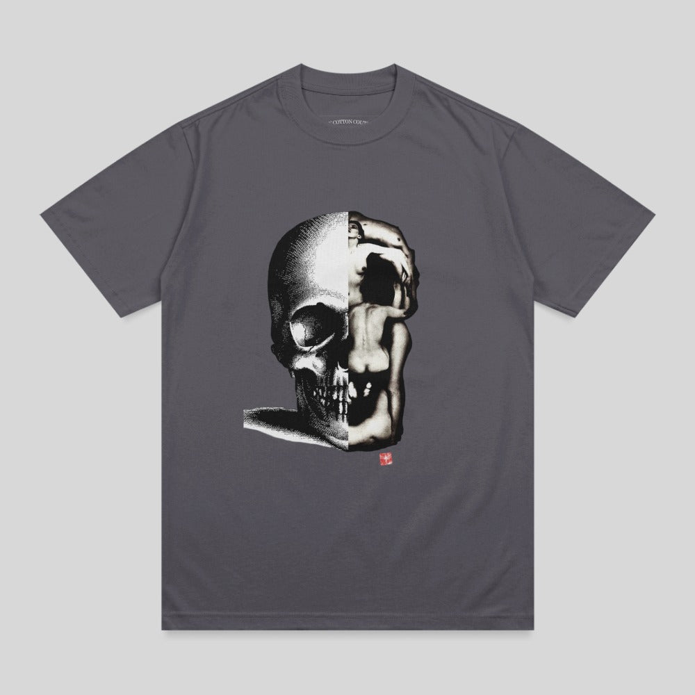 Split skull with intertwined figures, red square graphic.