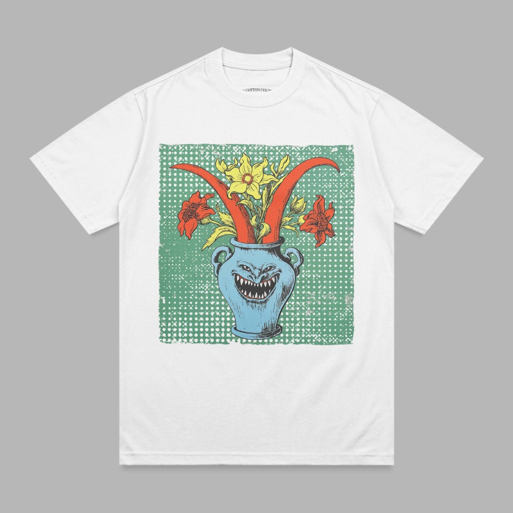 Monstrous Vase Spiky Flowers Graphic White T-Shirt product type