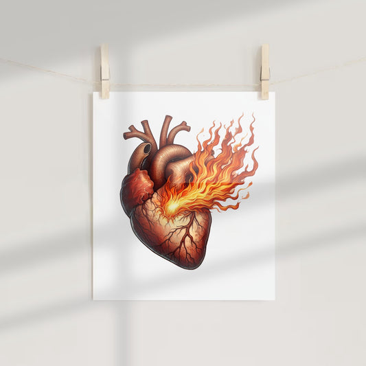Anatomical Heart with Flames Artistic Poster Print