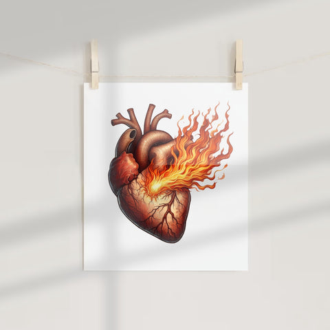 Anatomical Heart with Flames Artistic Poster Print