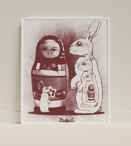Unique Matryoshka Doll and Rabbit Art Print