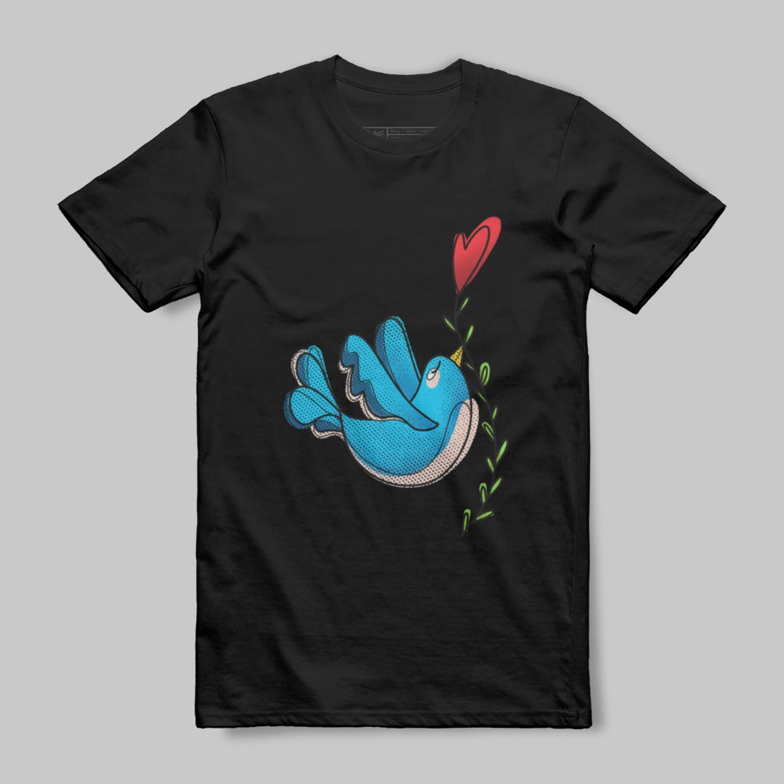 Blue Bird with Heart and Green Stem Illustration T-shirt