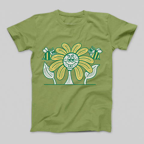 Happy Smiling Flower with Bees Graphic T-shirt