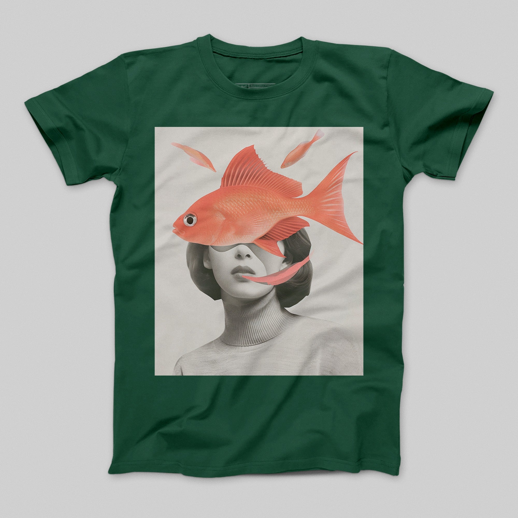 Woman and Goldfish Surreal Art Printed T-Shirt