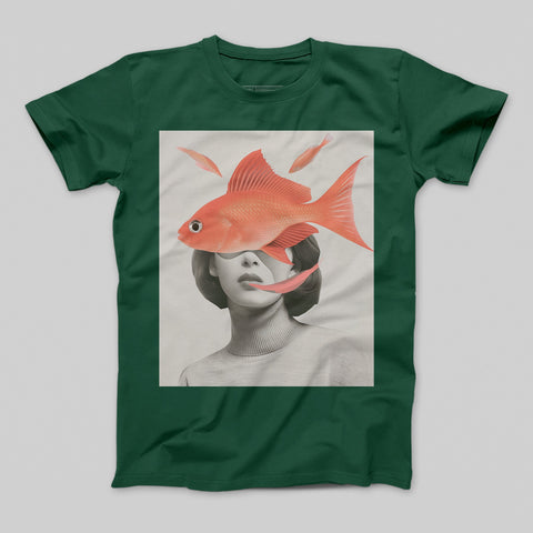 Woman and Goldfish Surreal Art Printed T-Shirt