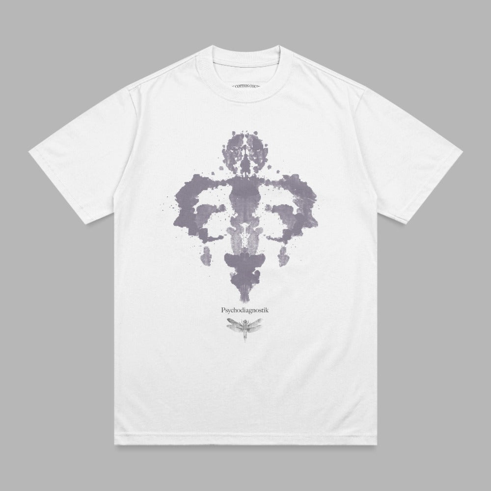 White t-shirt with Rorschach-like ink blot and "Psychodiagnostik" text.