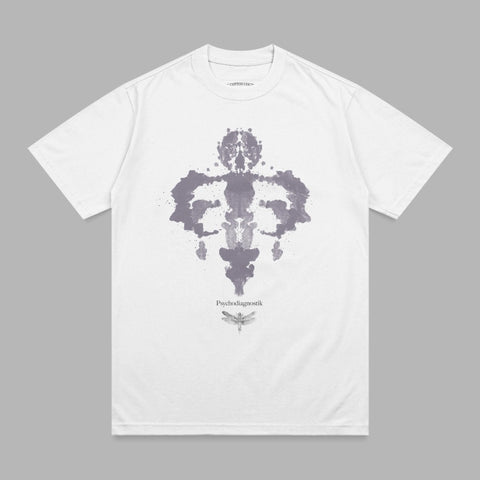 White t-shirt with Rorschach-like ink blot and "Psychodiagnostik" text.