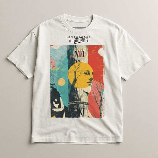 White t-shirt with a colorful, surreal graphic featuring a face and tree.