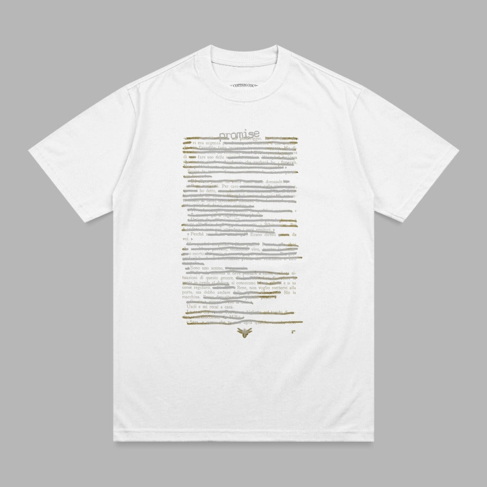 White t-shirt with "promise" text printed in a script font over scattered Italian text.