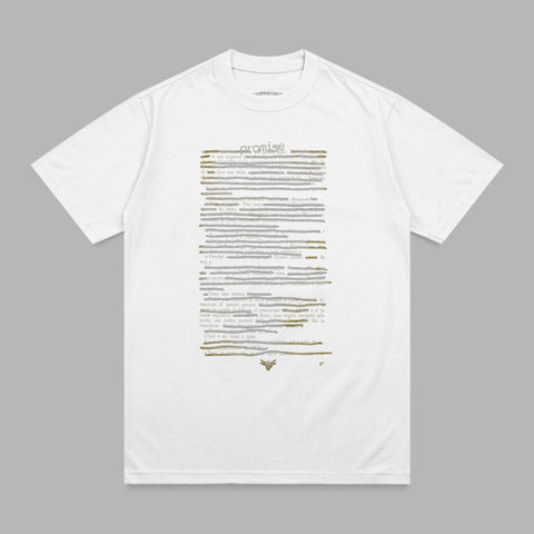 White t-shirt with "promise" text printed in a script font over scattered Italian text.