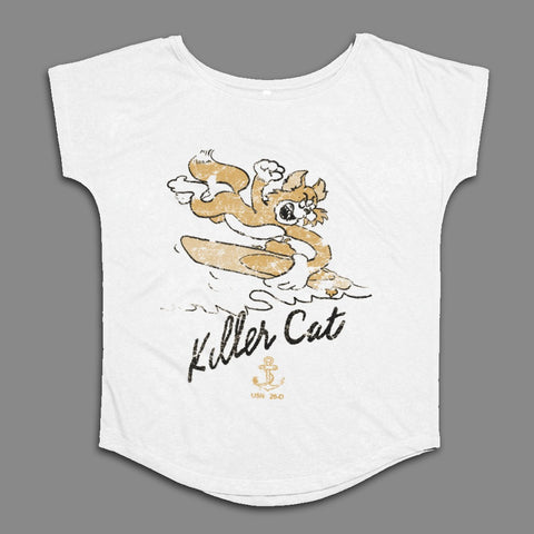 Surfing Killer Cat Graphic T-Shirt with Retro Design