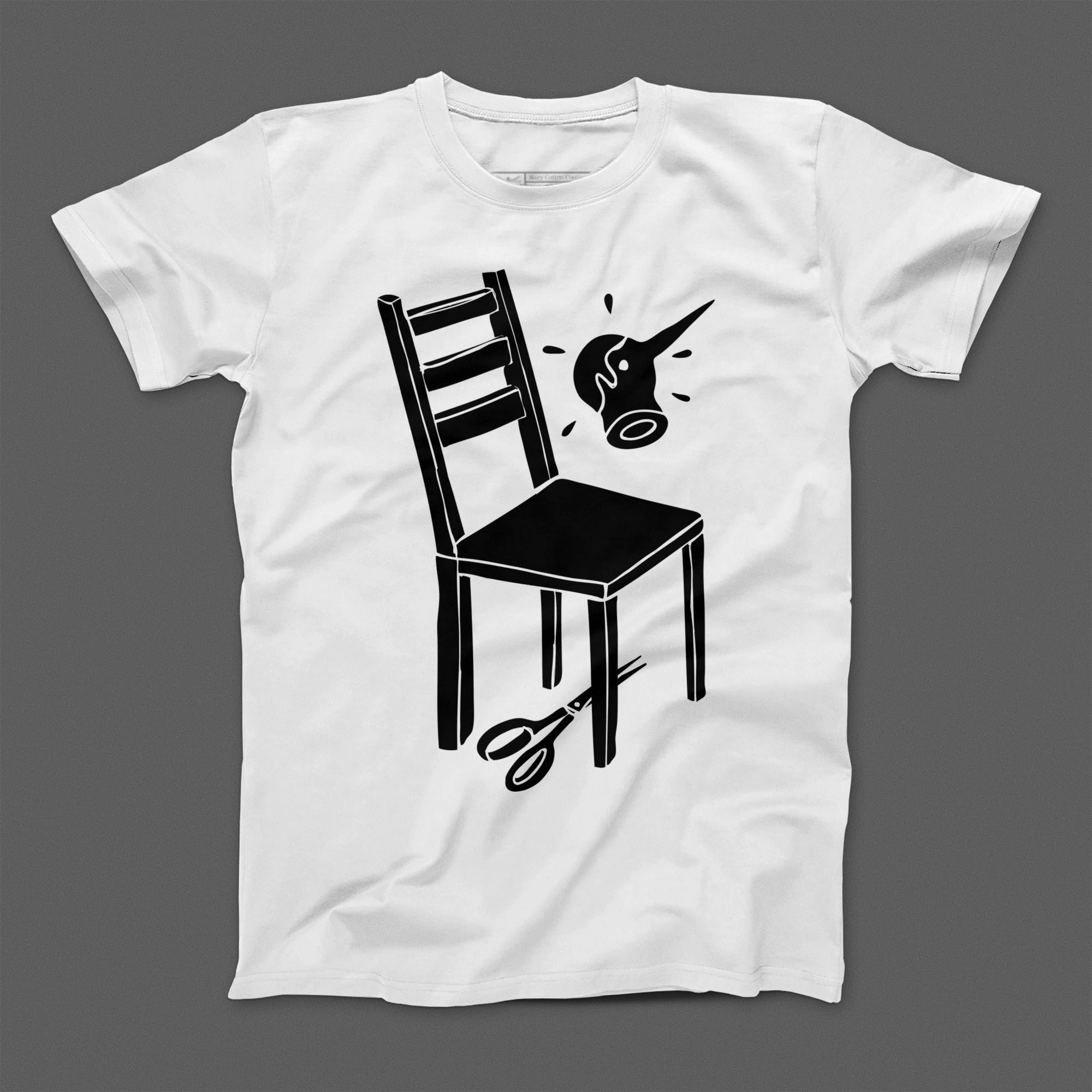 Unique Graphic Chair and Scissors Artwork T-Shirt