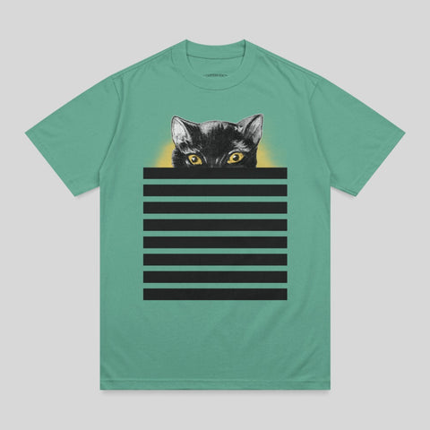 Black cat with yellow eyes peeking over black stripes on a teal t-shirt.