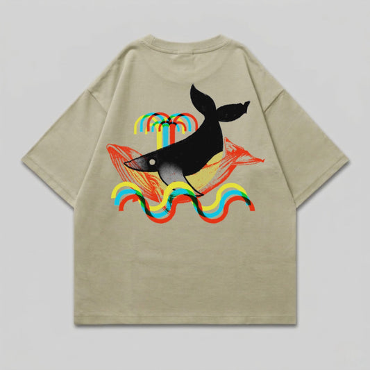Retro glitch whale ocean waves rainbow graphic product type