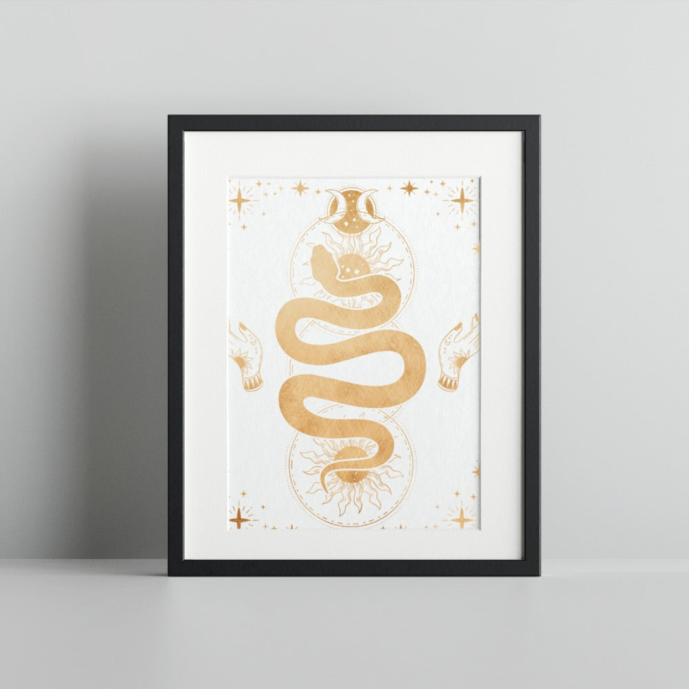 Mystical Golden Snake Art Print with Celestial Design