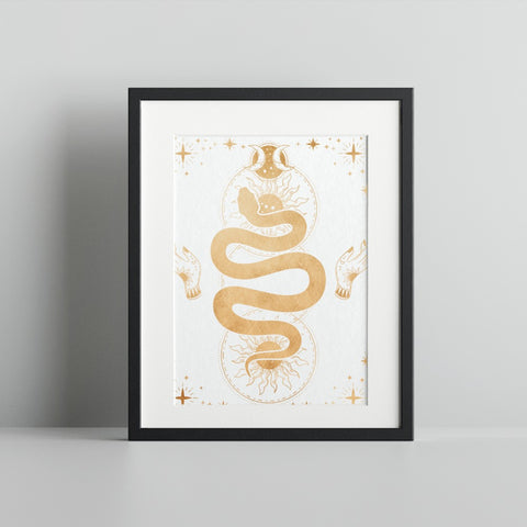 Mystical Golden Snake Art Print with Celestial Design