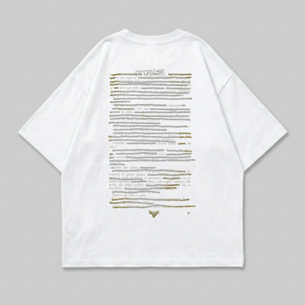 T-shirt with "promise" text and blurred printed words on the back.