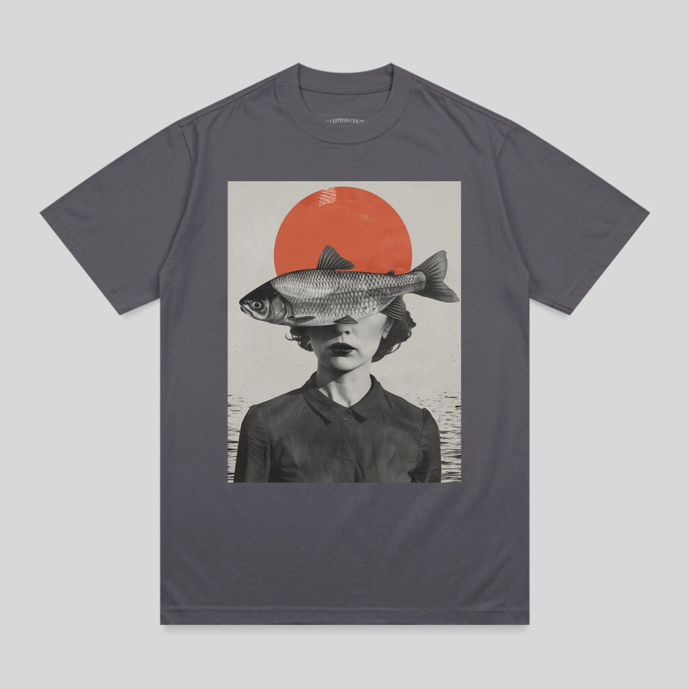 Abstract Fish Woman Red Sun Water Collage Dark Gray product type