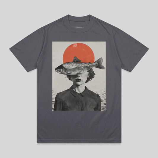 Abstract Fish Woman Red Sun Water Collage Dark Gray product type