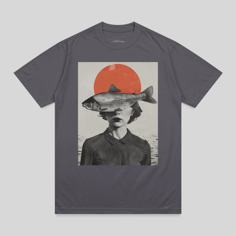 Abstract Fish Woman Red Sun Water Collage Dark Gray product type