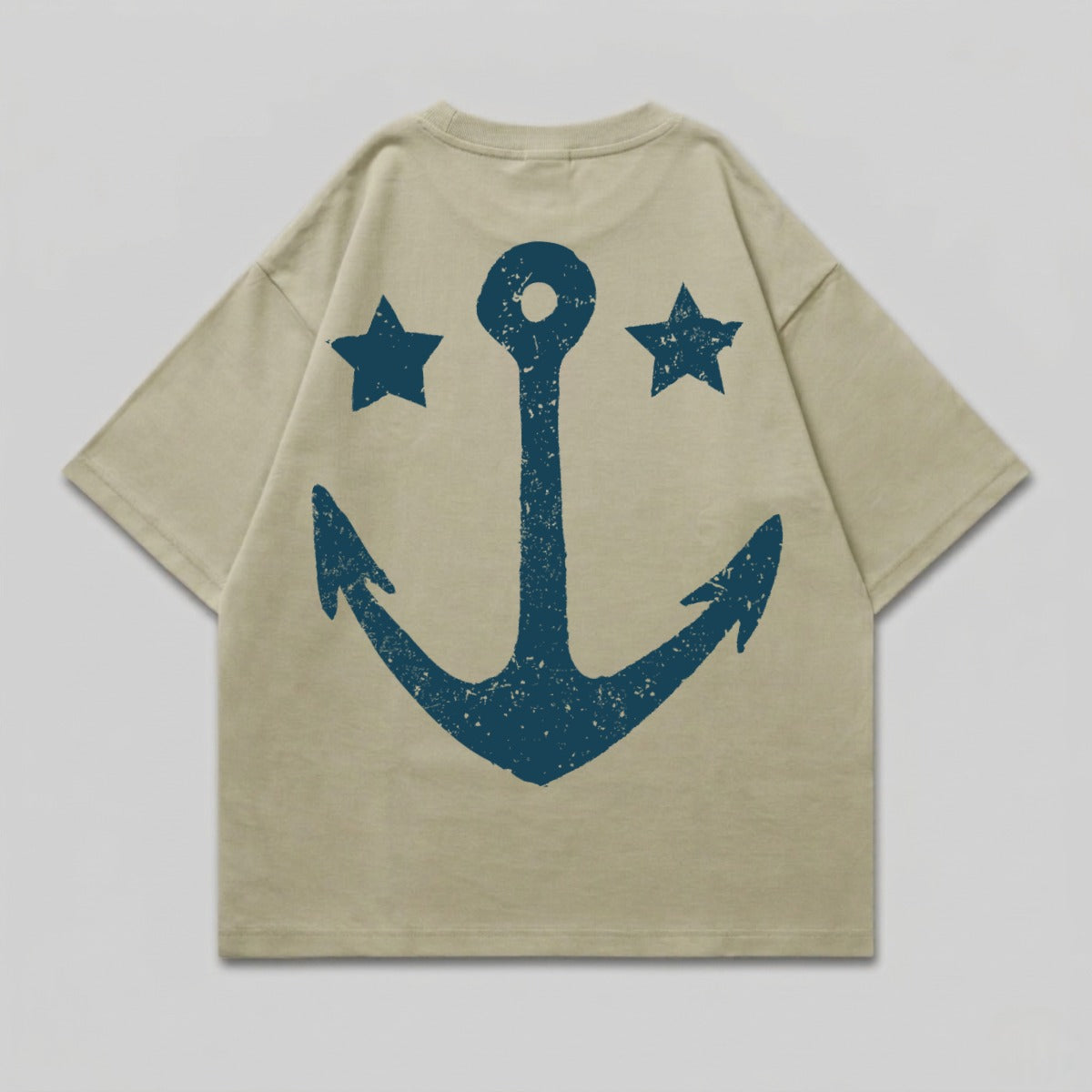Tan t-shirt with distressed navy anchor and two stars graphic.