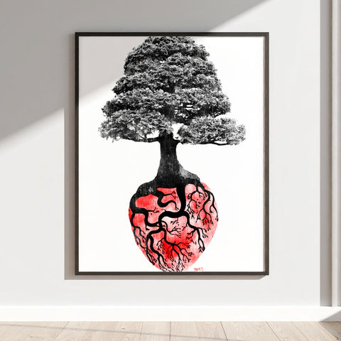 Unique Tree Artwork with Roots in Shape of Heart Print
