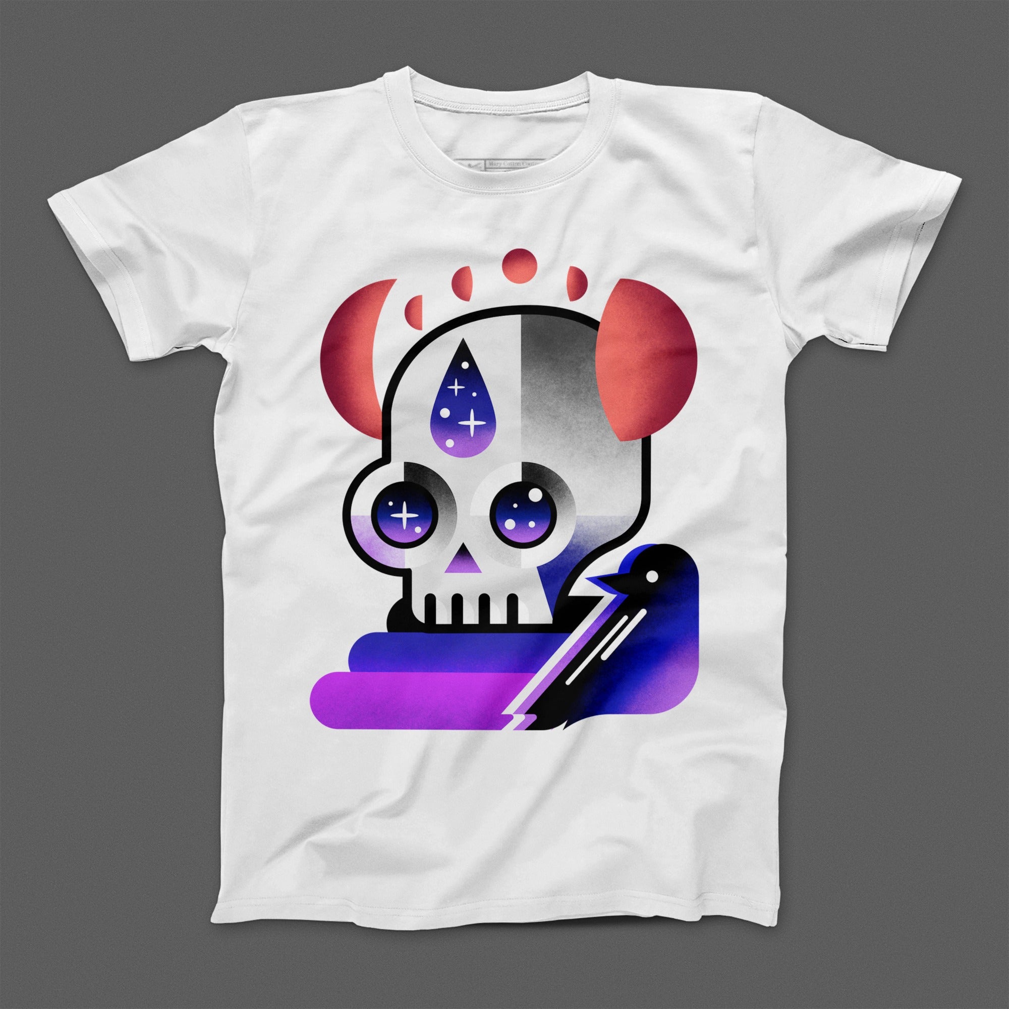 Abstract Skull Illustration with Bird Graphic T-Shirt