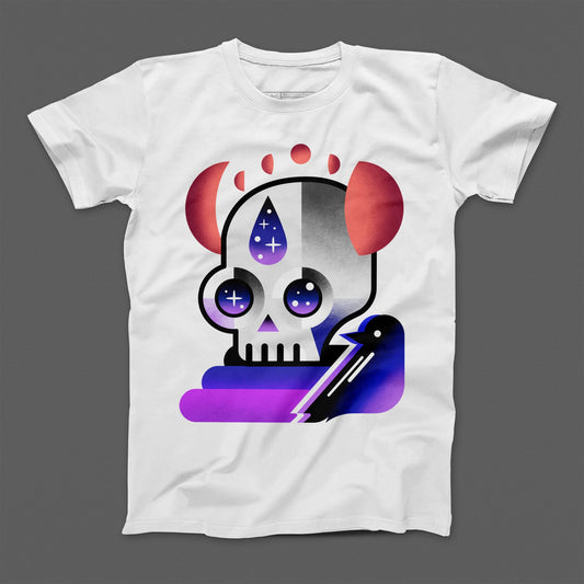 Abstract Skull Illustration with Bird Graphic T-Shirt