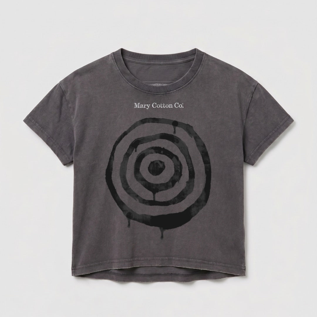 Grey t-shirt with concentric circles and "Mary Cotton Co." text.