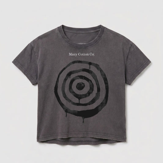 Grey t-shirt with concentric circles and "Mary Cotton Co." text.