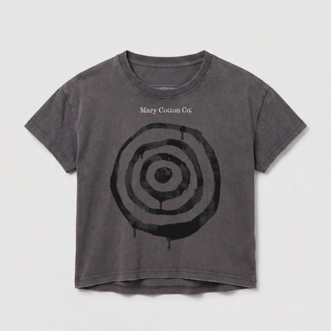Grey t-shirt with concentric circles and "Mary Cotton Co." text.