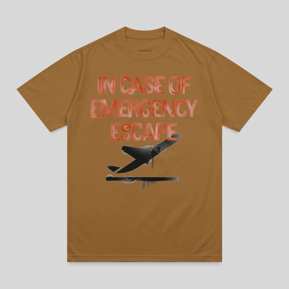 Brown t-shirt with "IN CASE OF EMERGENCY ESCAPE" and airplane graphic.