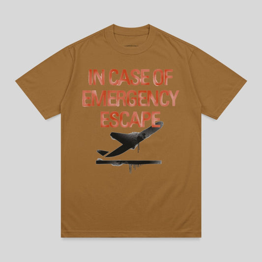 Brown t-shirt with "IN CASE OF EMERGENCY ESCAPE" and airplane graphic.