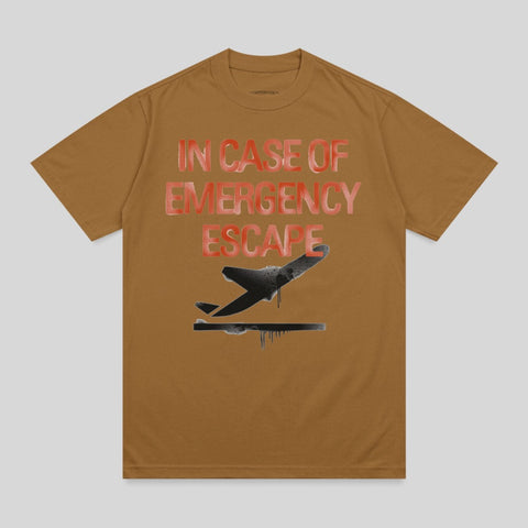 Brown t-shirt with "IN CASE OF EMERGENCY ESCAPE" and airplane graphic.
