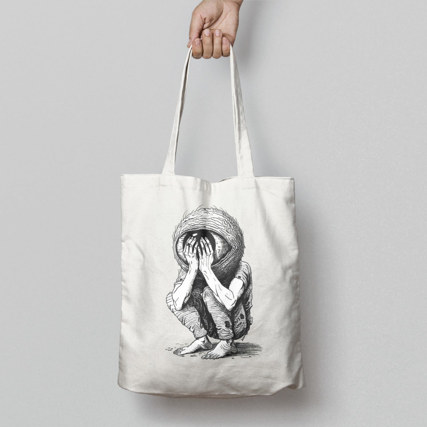 Illustrated Creature Hiding Face Design Tote Bag Product