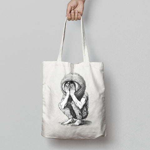 Illustrated Creature Hiding Face Design Tote Bag Product