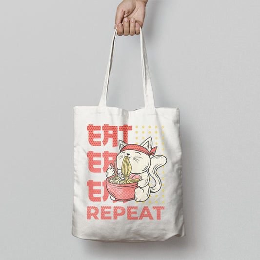 Eat Repeat Cat Eating Ramen Graphic Tote Bag