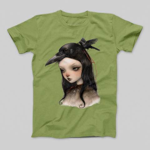 Gothic Art T-shirt with Girl and Crow Design Shirt