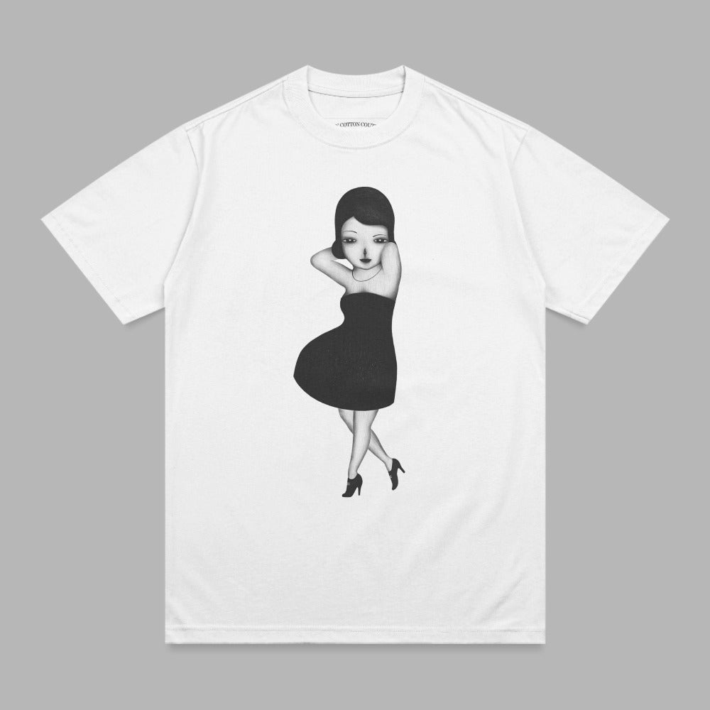 White t-shirt with a black and white illustration of a woman in a dress.